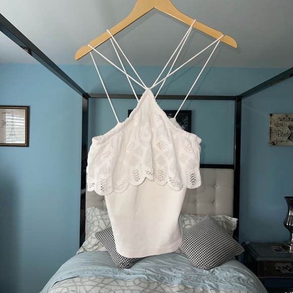Anthropologie Ruffled Halter Tie Back Tank in White Lace Anglaise Adjustable Sm - Picture 4 of 11
